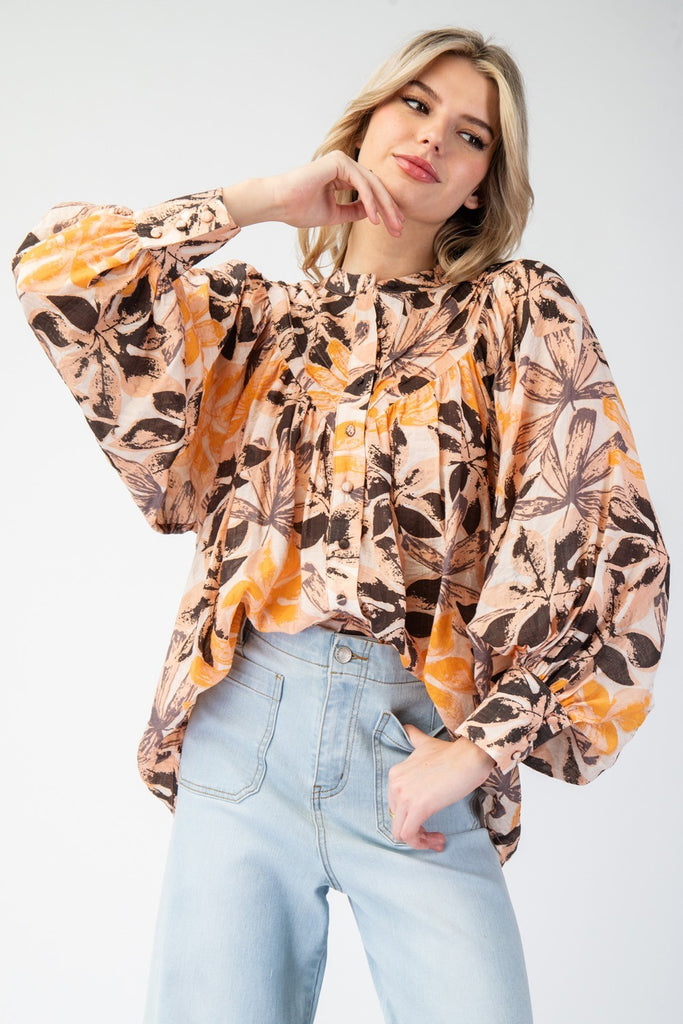 ee:some Cream Soda Leaf Print Bubble Slv Blouse Top - The Gypsy Belle Boutique