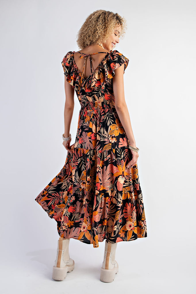 Easel - Tropical Print Peach Blossom Tiered Maxi Dress - The Gypsy Belle Boutique