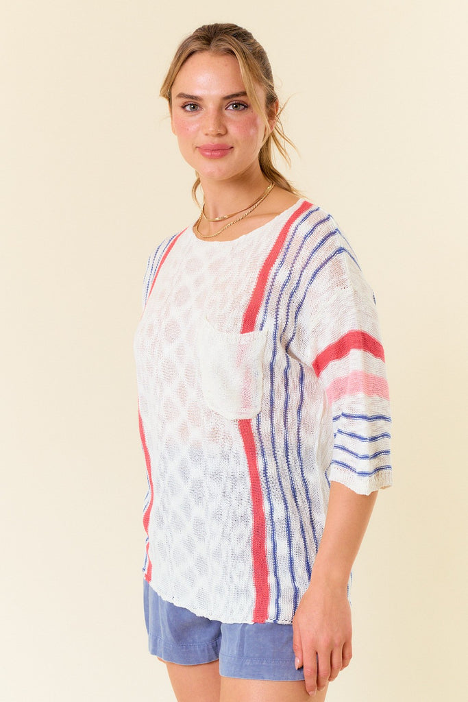 FINAL SALE Doe & Rae Ivory Striped Lightweight Sweater - The Gypsy Belle Boutique