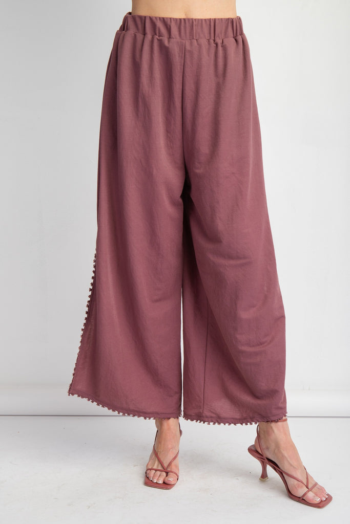 Easel - Faded Plum Poly-Linen Mini Tassel Pants - The Gypsy Belle Boutique