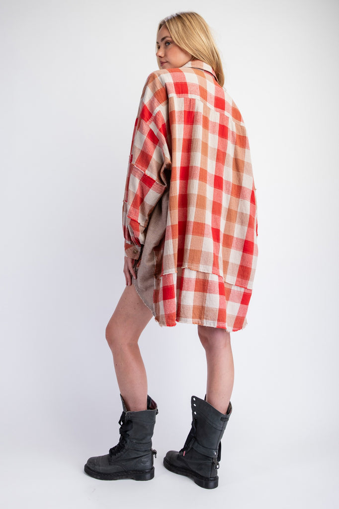 Easel - Red Plaid Oversized Shirt Dress - The Gypsy Belle Boutique