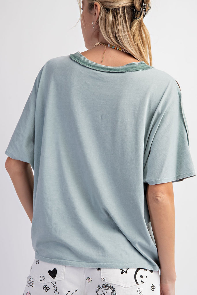 Easel - Sage Cold Shoulder Button Down Top - The Gypsy Belle Boutique