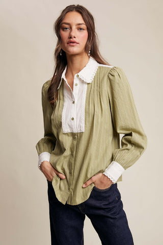 Olive Contrast Collar Button Down Top - Stylish, versatile shirt with unique collar detail for a chic and modern look.