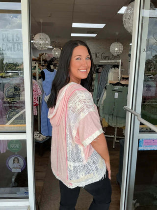 Alt text: "POL Blush & Pink Patchwork Flower Short Sleeve Hoodie Top - Stylish, Comfortable Women's Fashion Apparel