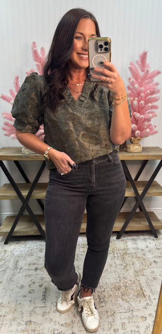 Charcoal Ruffled VNeck Floral Burn Out Top