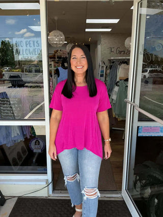 Chic short sleeve round neck sheen top in two colors by Sew in Love, perfect for stylish and comfortable wear.