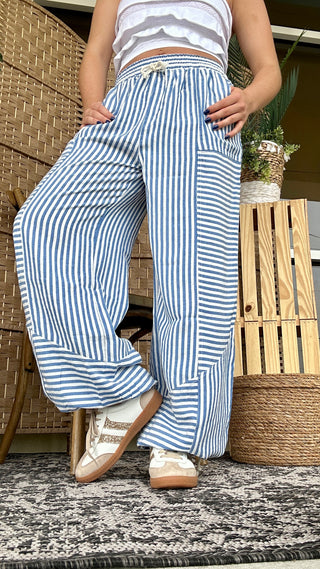 Breezy Beach Blue Striped Wideleg Jogger Pants
