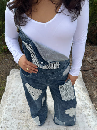 POL Denim Crochet Patchwork Wide Leg Overalls