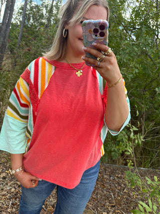 Alternate view of Easel RED Mineral Wash 3/4 Slv Multi Stripe Top

