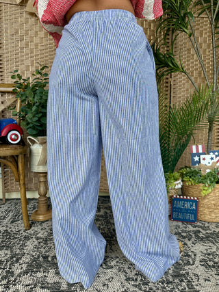 Alternate view of Cozy Co BLUE Stripe Wide Leg Pants w/ Elastic Waist
