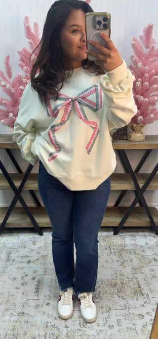 Gingham Christmas Bow Lightweight Oversized Sweatshirt Top