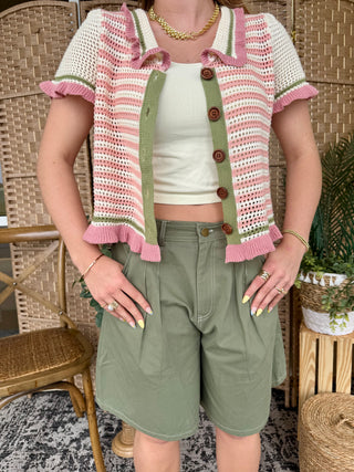 Alternate view of Prep in Your Step Pink Striped Cardigan Sweater
