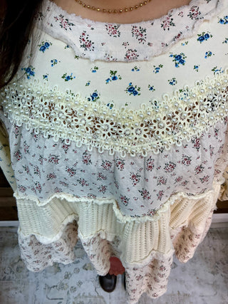 POL Ivory Ditsy Floral Tiered Ruffle Pearl Accent Top