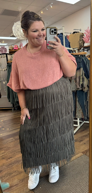 OLIVE Tiered Fringe Tassel Midi Skirt Origami