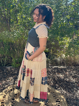 Alternate view of Young Threads Smocked Denim w/ Latte Patchwork Midi Dress
