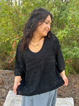 POL BLACK Crochet Short Sleeve Scalloped Edge Top