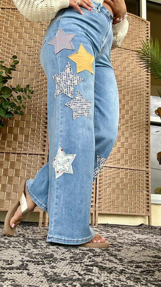 Alternate view of Easel Gold Star Washed Denim Patchwork Pants
