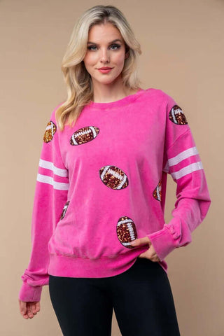 Hot Pink Sequin Football Varsity Sweatshirt Top with Sparkling Details, Perfect for Chic and Sporty Style Enthusiasts