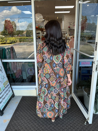 Umgee Brown Mandala Mix Tiered Midi Dress