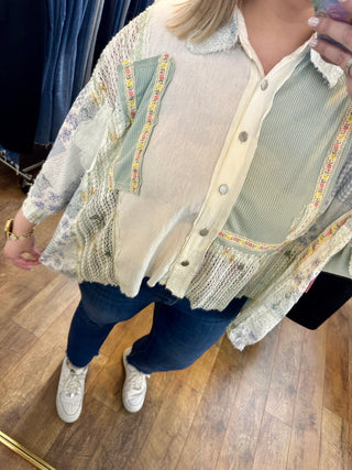 Alternate view of POL Gypsy Belle Blue Short Sleeve Oversized Button Down Top
