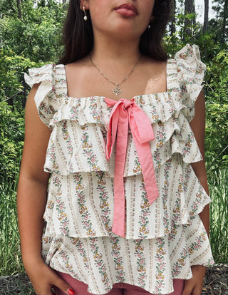 Bibi Top Ivory & Pink Floral Print w/ Bow & Ruffle Square Neck