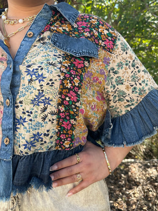 Alternate view of Young Threads Latte Patchwork & Denim Ruffle Hem Crop Jacket Top
