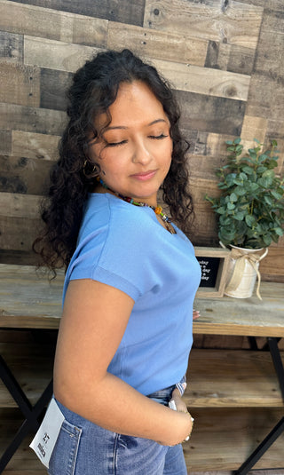 Alternate view of Like Love Periwinkle Blue Cap Slv V Neck Knit Top
