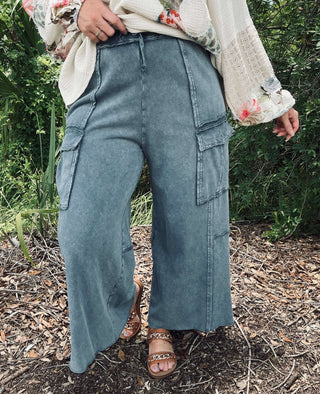 Stylish Washed Wide Leg French Terry Cargo Pants by Easel in 4 colors, perfect for effortless comfort and fashion.
