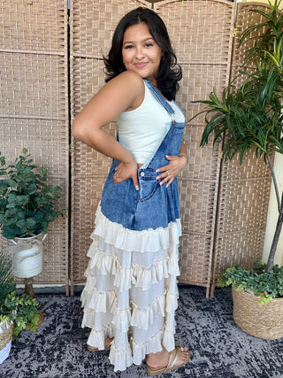 Alternate view of Wanna Be Her Denim Ruffle Overall Dress
