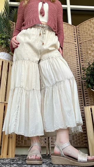 Young Threads Boho Tiered Ivory Latte Patchwork Pants
