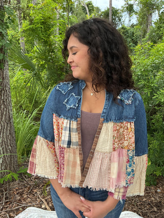 Young Threads Patchwork Denim Cropped Shrug