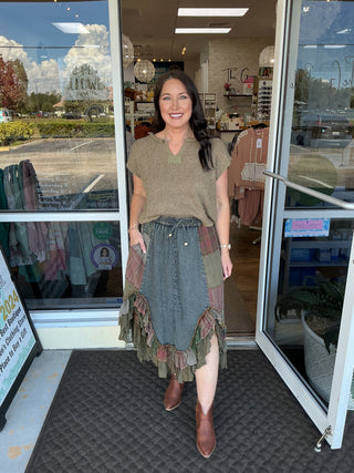 Young Threads Western Boho Patch Ruffled Midi Skirt