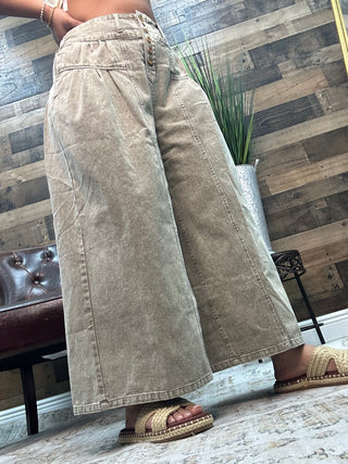 Olive Pleated Button Wide Leg Pant