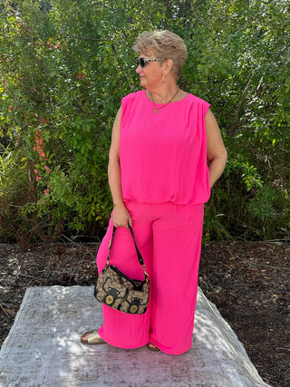 Oddi HOT PINK Sleeveless Top and Wide Leg Pant Set