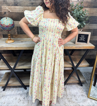 Peach Love Yellow Floral Stripe Bubble Slv Maxi Dress