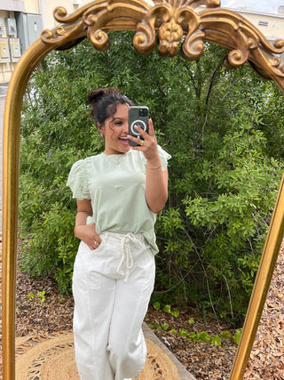 Alternate view of Green Eyelet Flutter Sleeve Top
