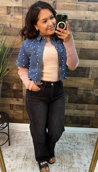 Cozy Co Pearl Washed DK WASH Denim Short Sleeve Shrug Top