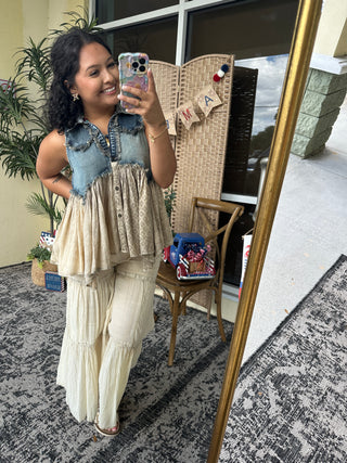 Alternate view of Young Threads Boho Tiered Ivory Latte Patchwork Pants
