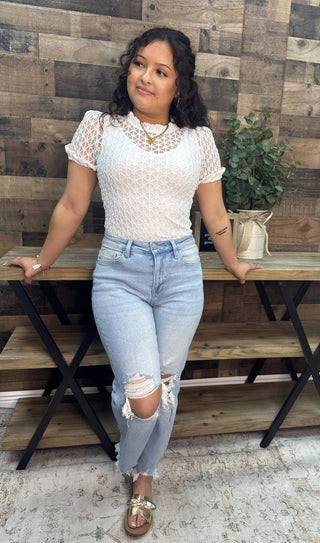 Easel WHITE Textured Mesh Short Sleeve Layering Top