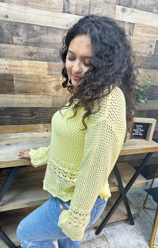 Alternate view of Cozy Co BUTTER YELLOW Open Knit Scallop Hem Sweater Top
