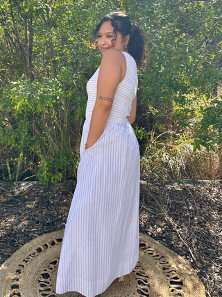 White & Black Pinstripe Smocked Sleeveless Midi Dress