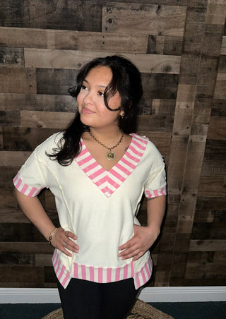 Bibi Ivory Top w/ Pink Stripe Contrast Trim Oversized