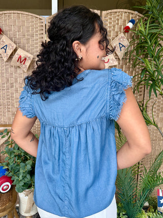 Alternate view of A & She Tencel Chambray Ruffle Cap Sleeve Top
