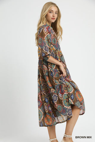 Umgee Brown Mandala Mix Tiered Midi Dress