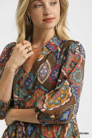 Umgee Brown Mandala Mix Tiered Midi Dress