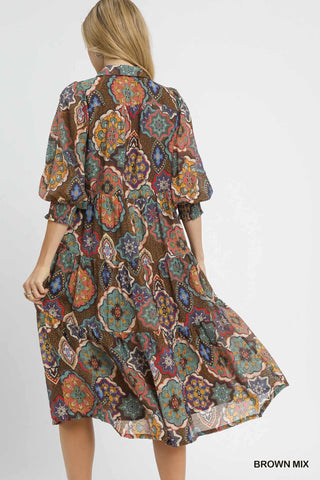 Umgee Brown Mandala Mix Tiered Midi Dress
