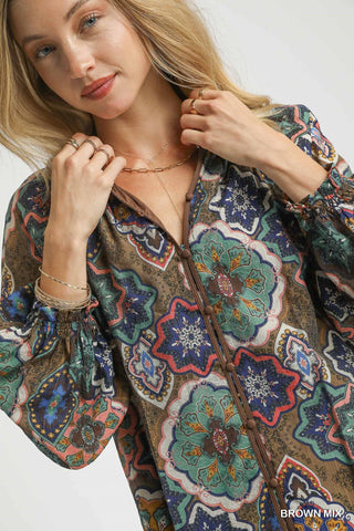 Umgee Brown Mandala Mix Button Down Top