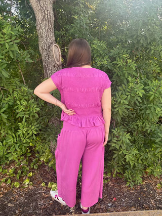 Davi & Dani Ruched ORCHID PURPLE Ruffle Pant & Short Sleeve Top Set