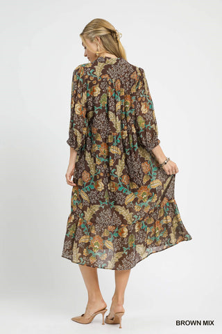 Umgee Brown Mix Floral Collared Midi Dress