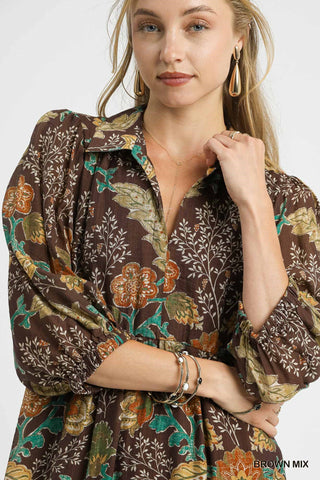 Umgee Brown Mix Floral Collared Midi Dress